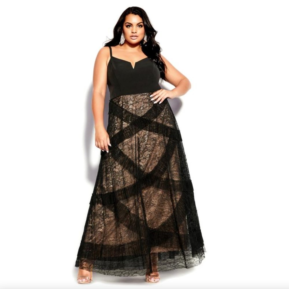 NWT City Chic Maxi Sexy Ruffles Black Nude S = 16 = 1X